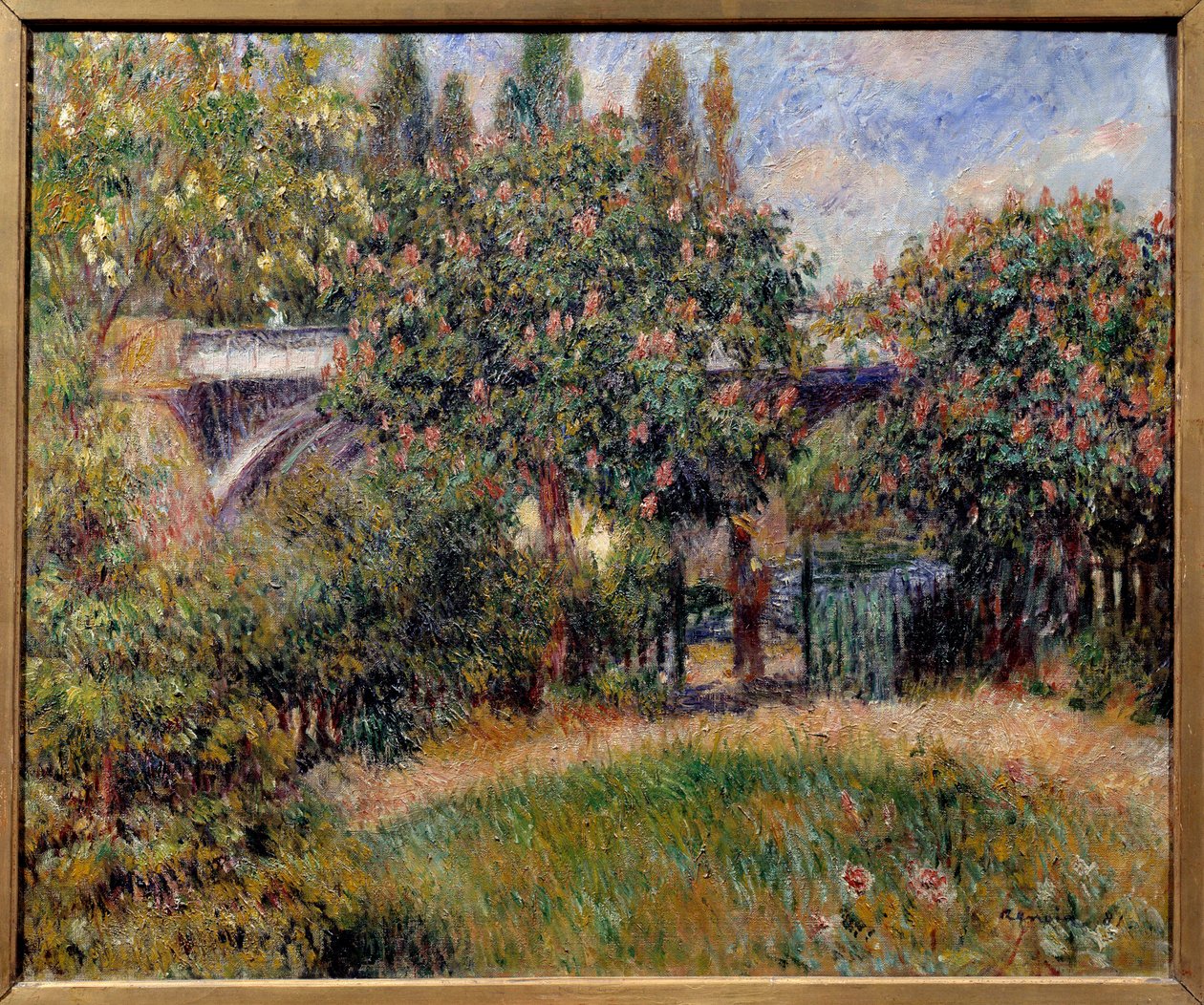 A ponte ferroviária em Chatou ou os castanheiros cor-de-rosa. Pintura de Pierre Auguste Renoir (1841-1919) de Pierre Auguste Renoir