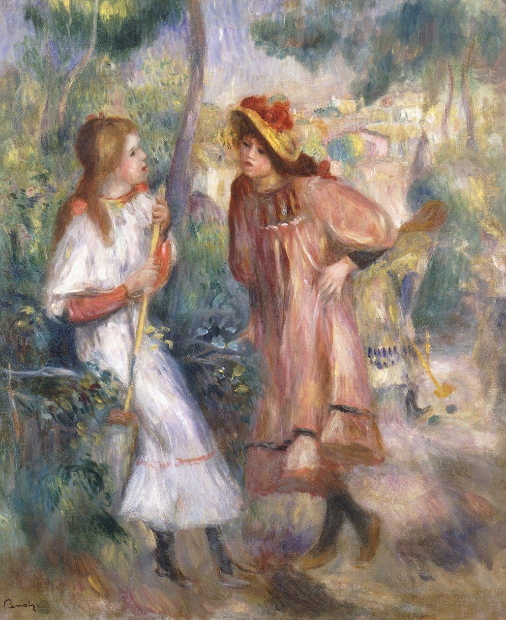 Duas meninas no jardim em Montmartre; Duas meninas no jardim de Montmartre, 1895 de Pierre Auguste Renoir