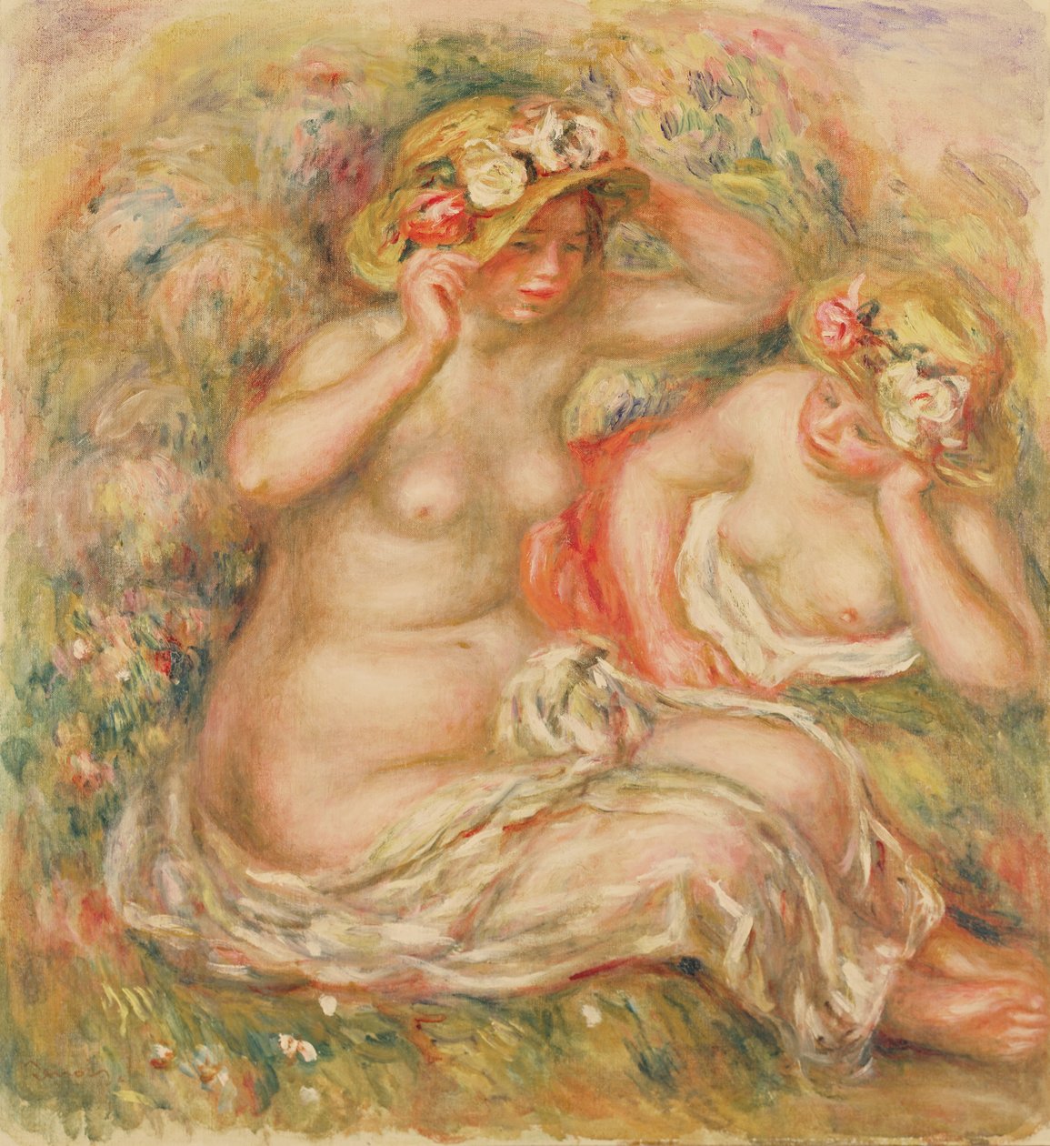Dois, nus, desgastar, chapéus de Pierre Auguste Renoir