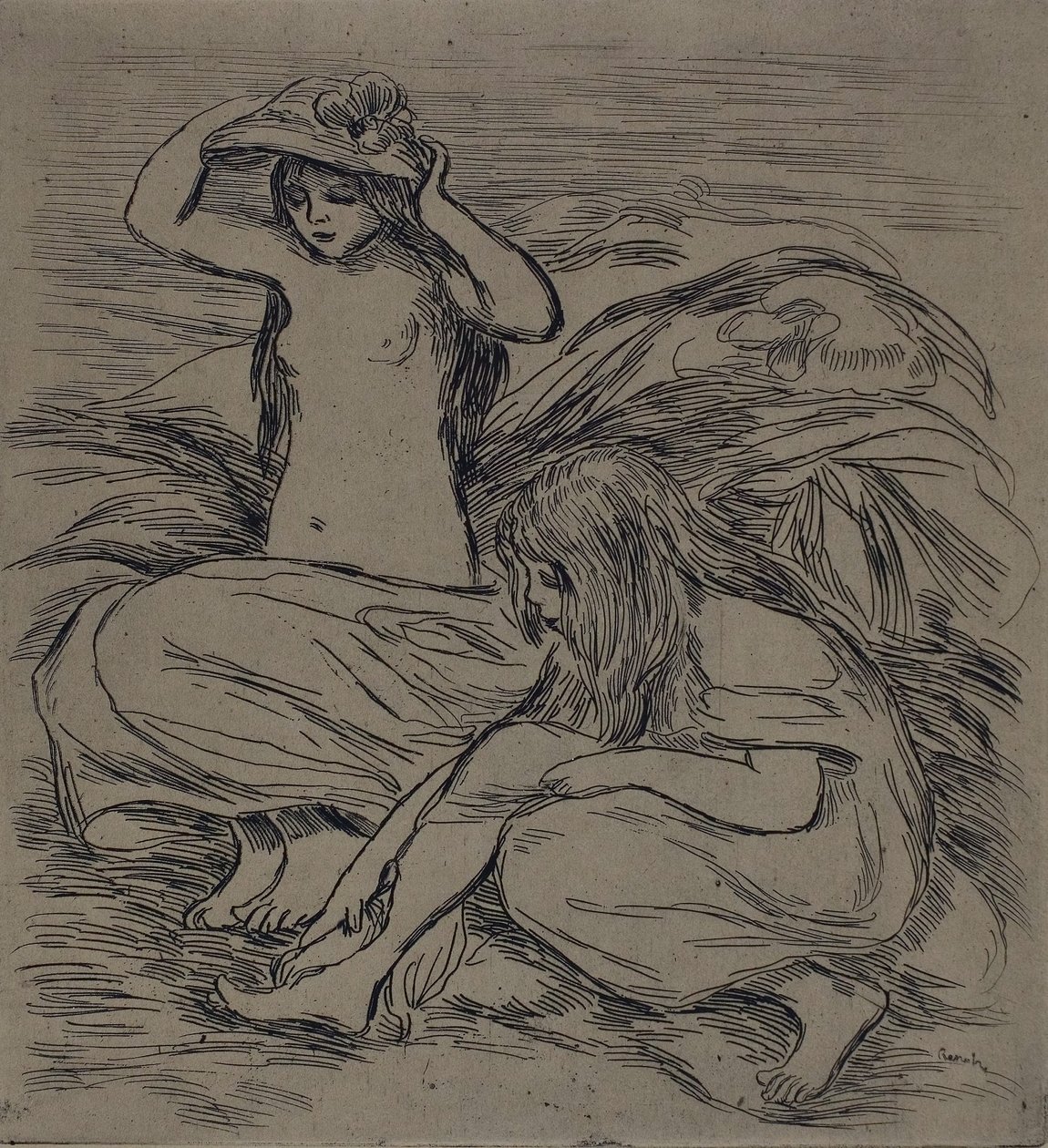 Duas Mulheres a Tomar Banho, c.1895 (água-forte sobre papel de trama castanho) de Pierre Auguste Renoir