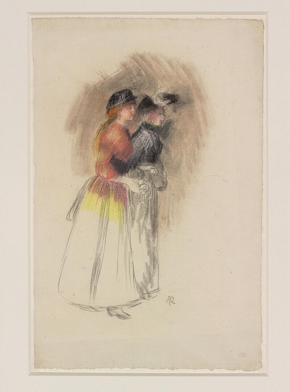 Duas mulheres a caminhar para a direita, c.1890 (giz preto e pastel) de Pierre Auguste Renoir