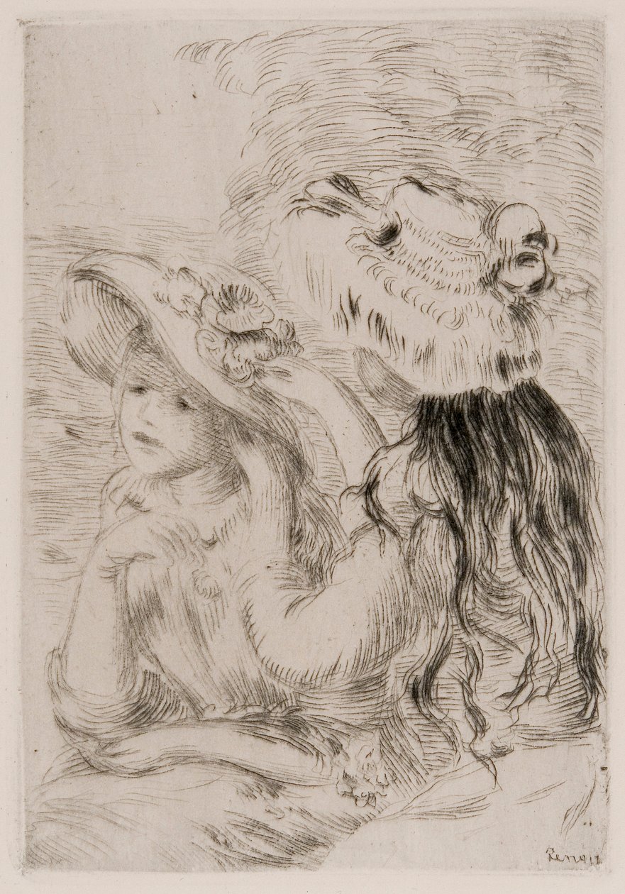 Duas meninas prendendo flores em seus chapéus, c1897. de Pierre Auguste Renoir