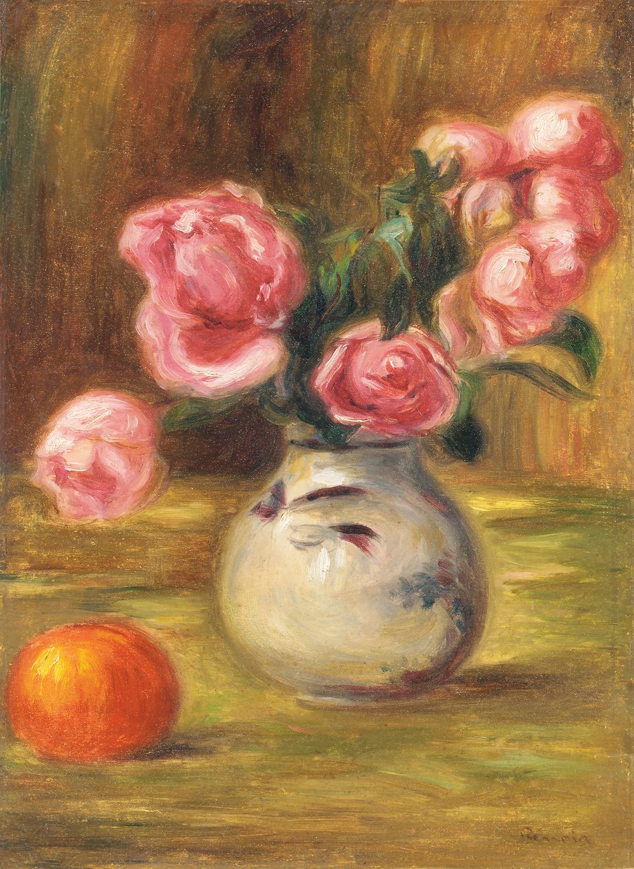 Vaso de rosas e uma laranja, 1910 de Pierre Auguste Renoir