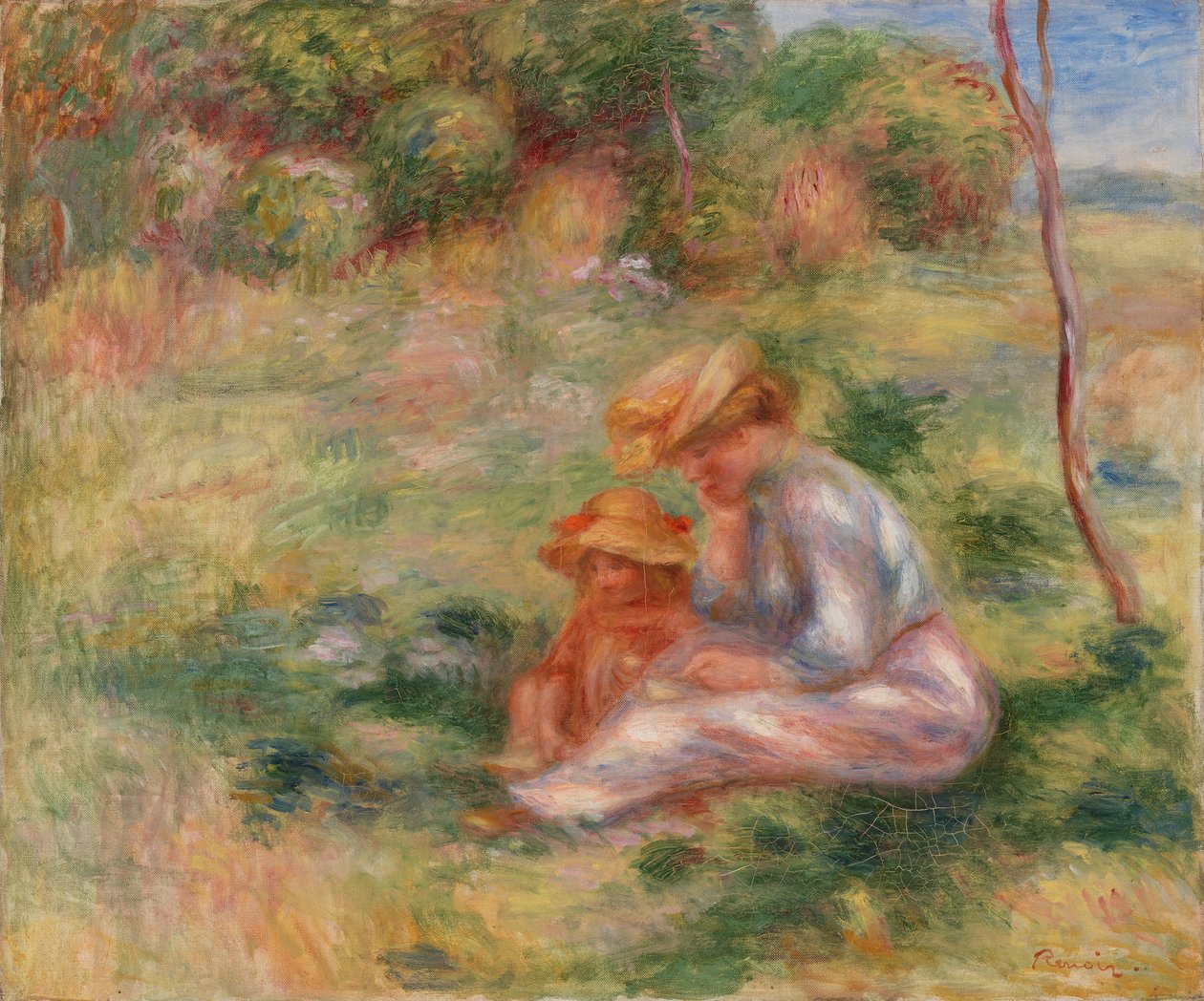 Mulher e criança na grama de Pierre Auguste Renoir