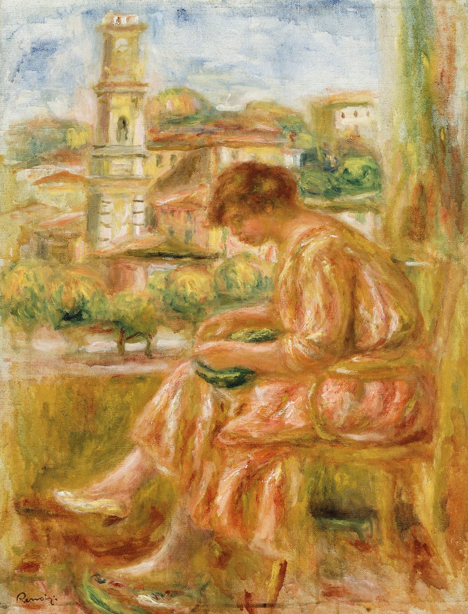 Mulher na janela com vista para Nice Velha, 1918 de Pierre Auguste Renoir