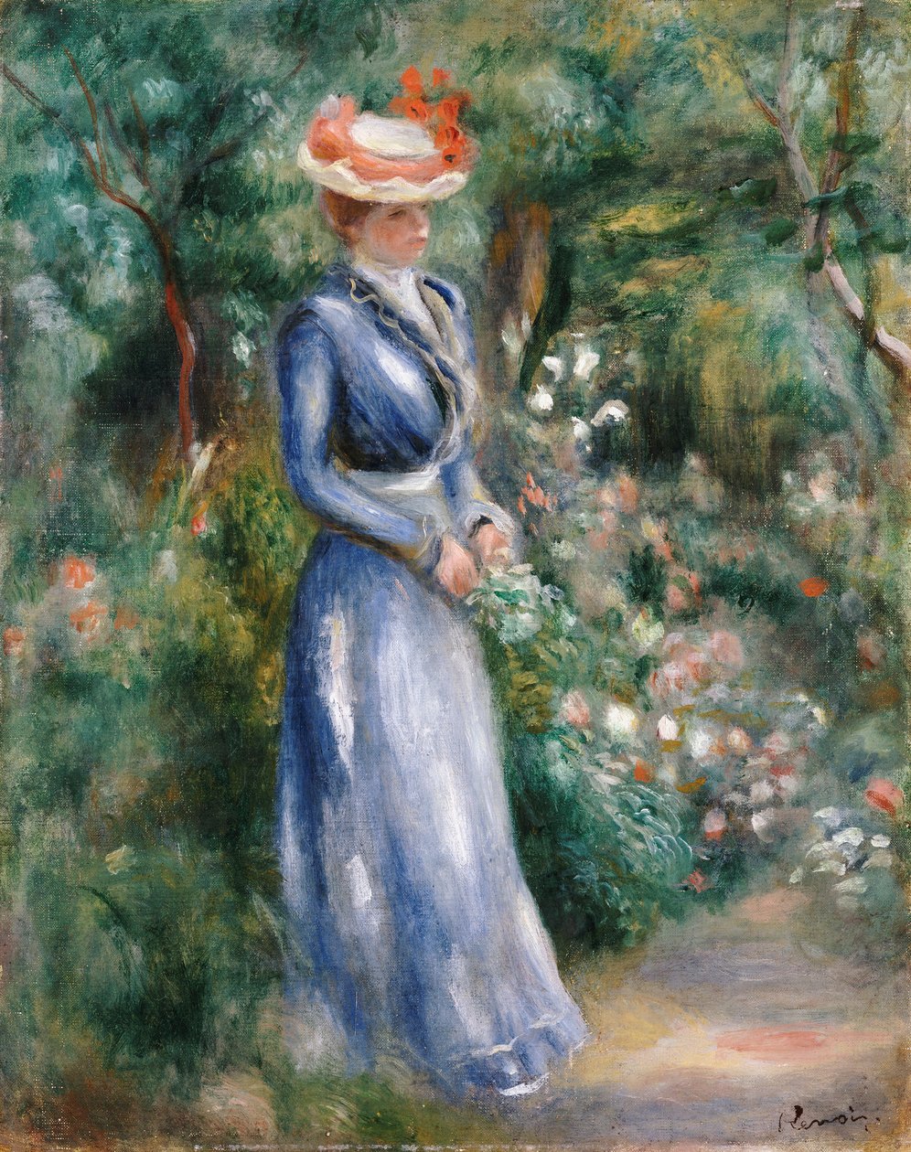 Mulher em um vestido azul em pé no jardim em Saint-Cloud de Pierre Auguste Renoir