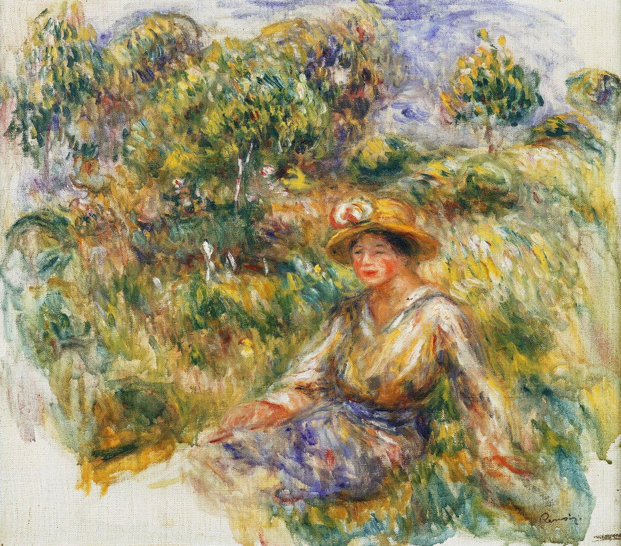 Mulher com um chapéu azul, sentado na grama; Mulher de azul no chapéu, sentado na grama, c.1916 de Pierre Auguste Renoir