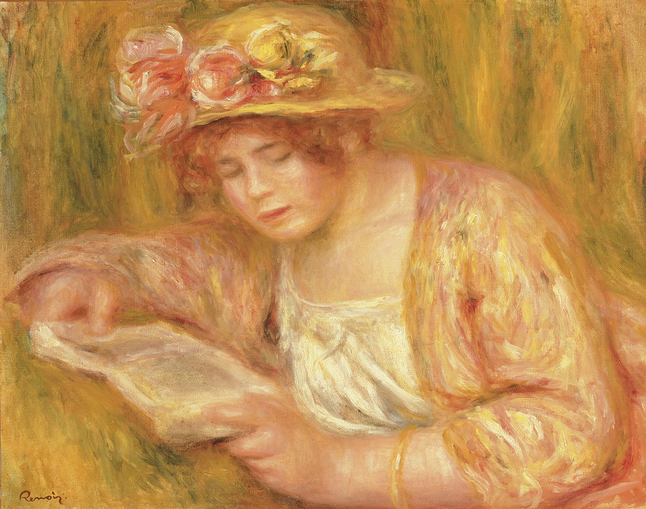 Mulher com uma leitura de chapéu, c.1917-18 (óleo sobre tela) de Pierre Auguste Renoir