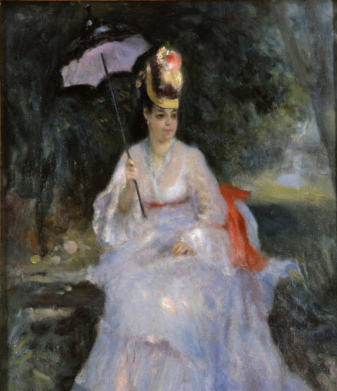 Mulher com um guarda-sol sentado em um jardim, 1872 de Pierre Auguste Renoir