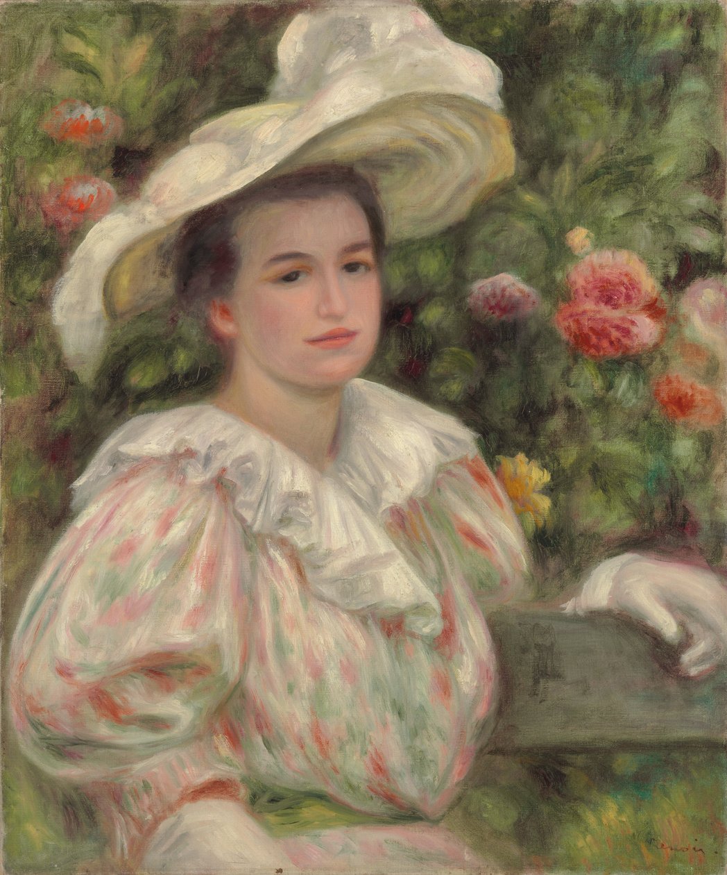 Moça entre flores ou mulher com chapéu branco; Menina em flores de ouro Mulher de chapéu branco, c.1895 de Pierre Auguste Renoir