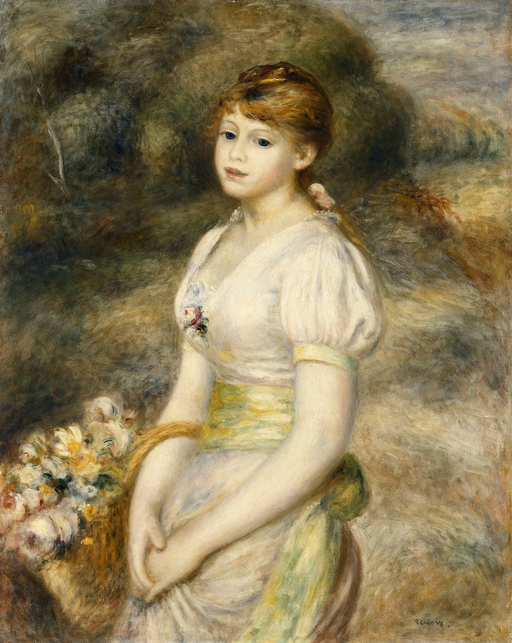Jovem garota carregando uma cesta de flores; Jovem, carregando uma cesta de flores, 1888 de Pierre Auguste Renoir