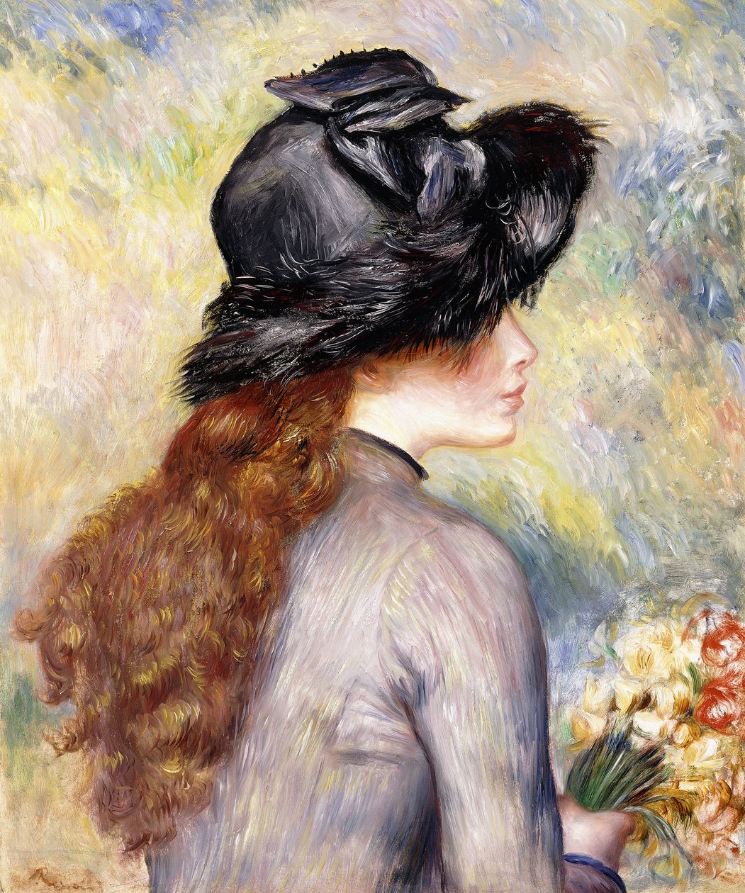 Jovem, segurando um buquê de tulipas, c.1878 de Pierre Auguste Renoir