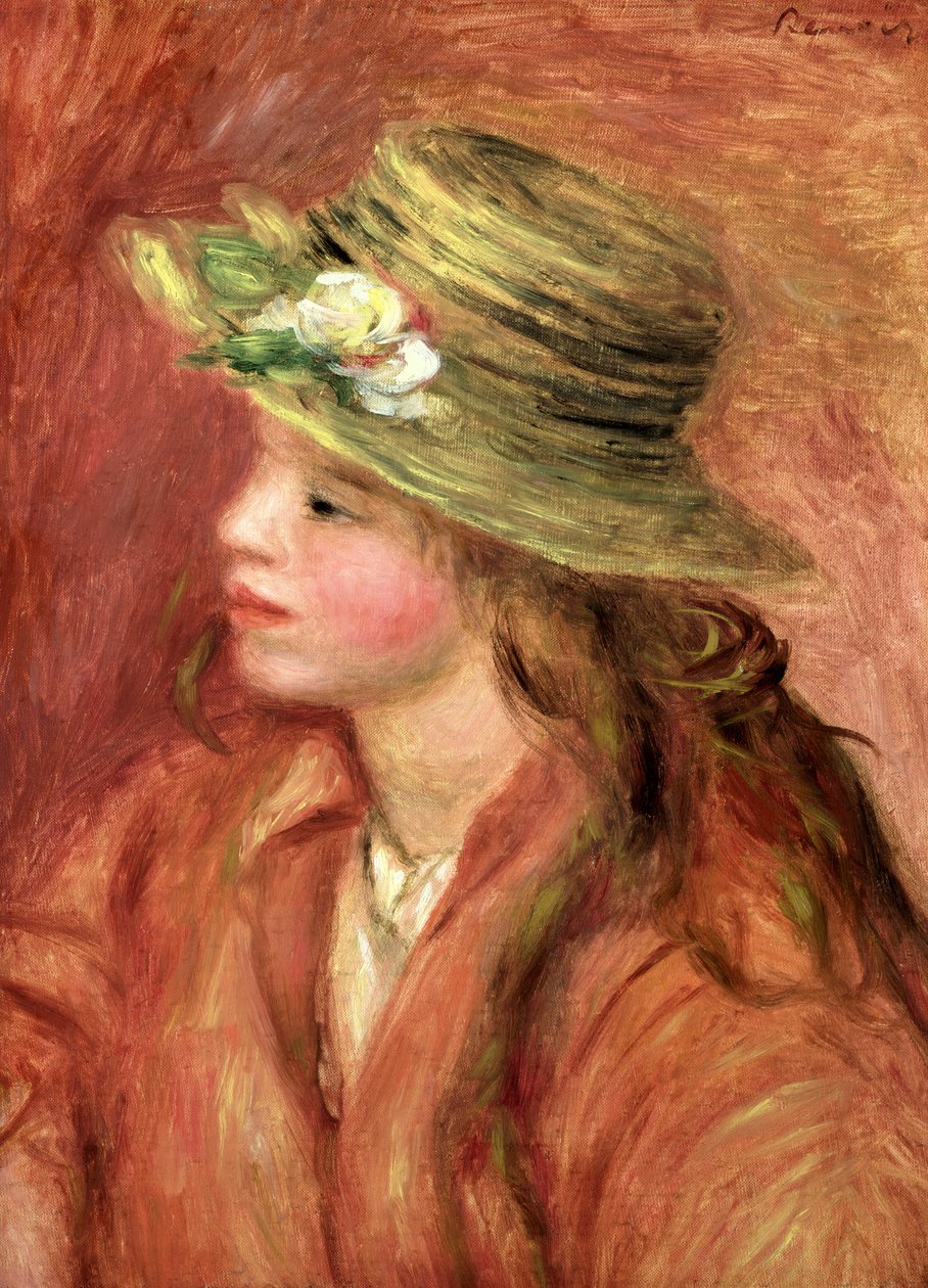 Moça em um chapéu de palha, c.1908 de Pierre Auguste Renoir