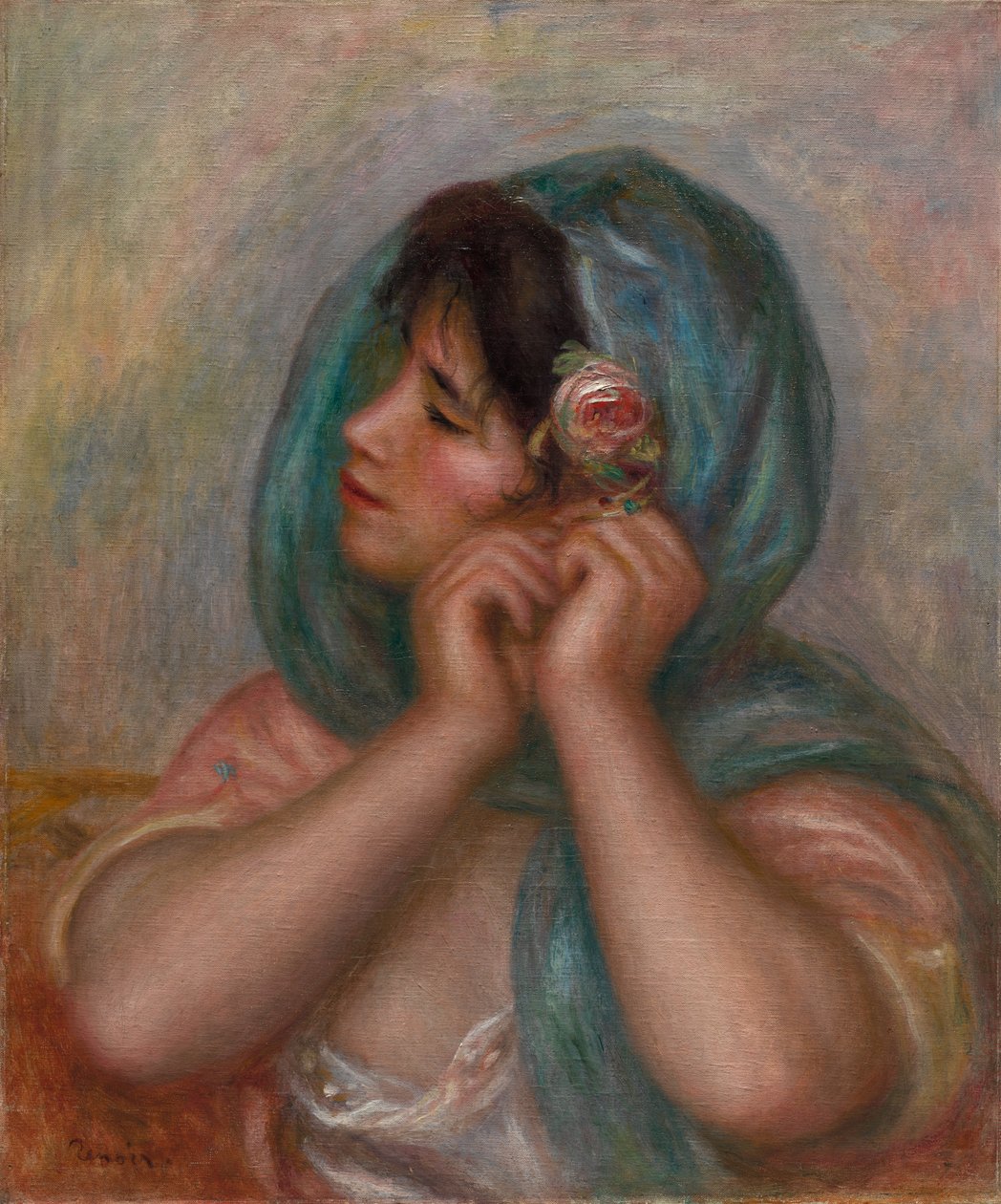 Jovem mulher organizando seu brinco, 1905. de Pierre Auguste Renoir