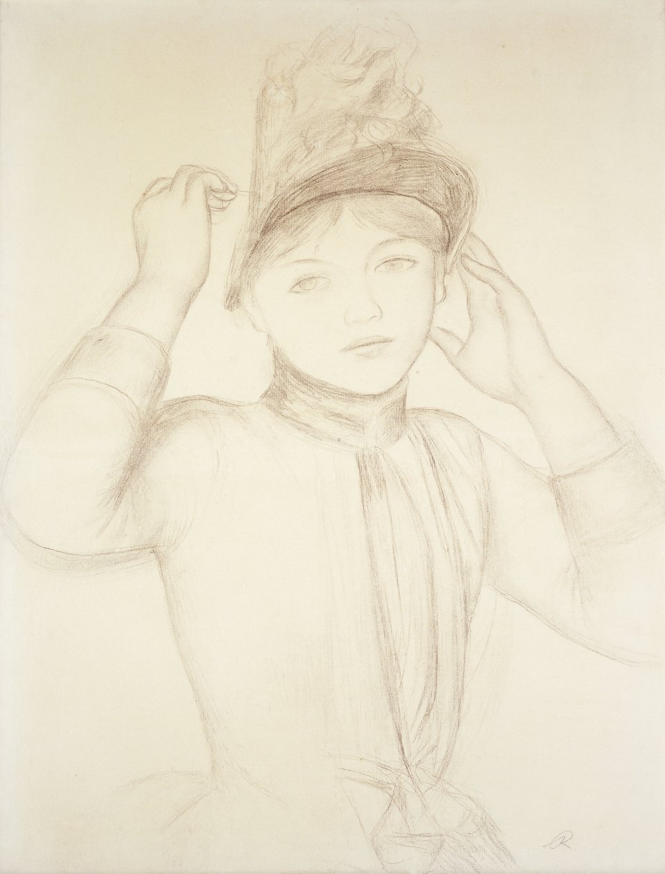 Jovem mulher organizando seu chapéu; Moça que arranja seu chapéu, c.1885 de Pierre Auguste Renoir