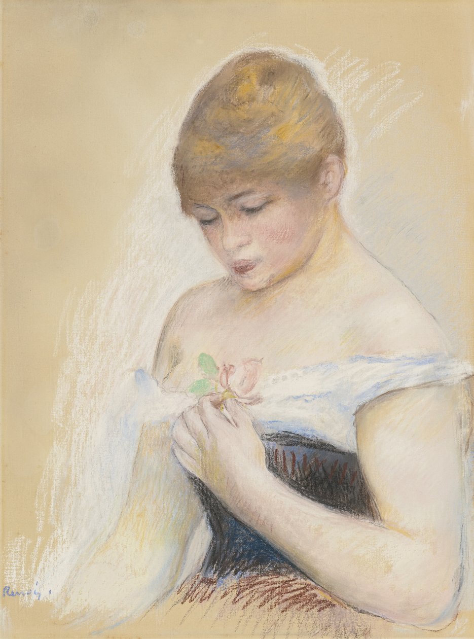 Jovem mulher segurando uma flor. Retrato da atriz Jeanne Samary, c. 1880 de Pierre Auguste Renoir