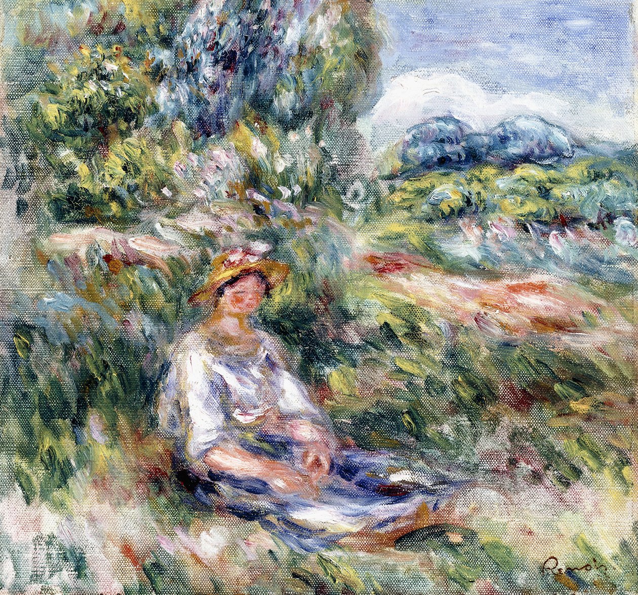 Jovem mulher sentada em um prado, de Pierre Auguste Renoir