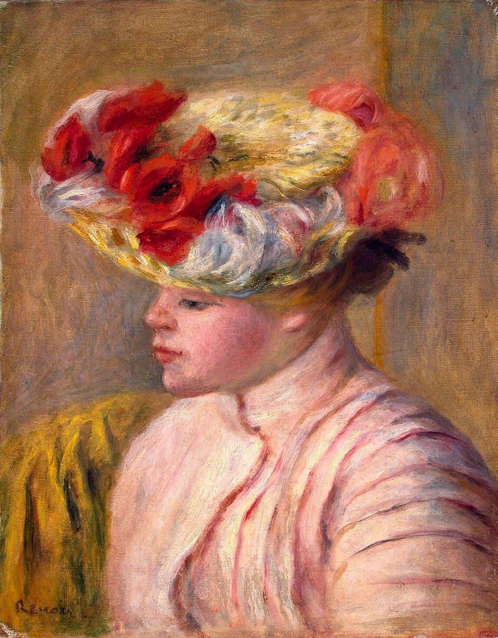 Jovem mulher com um chapéu florido, 1892. de Pierre Auguste Renoir