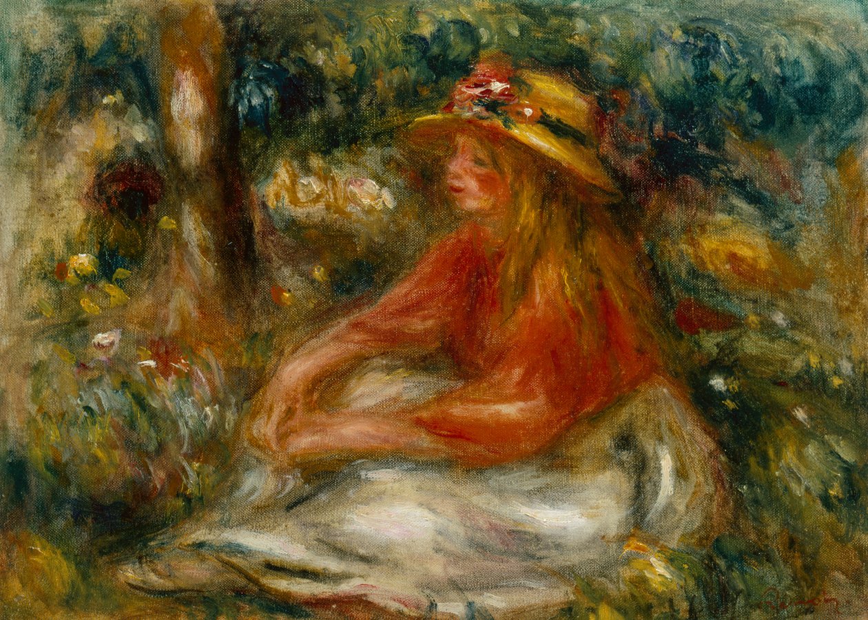 Jovem sentada na grama (óleo sobre tela) de Pierre Auguste Renoir