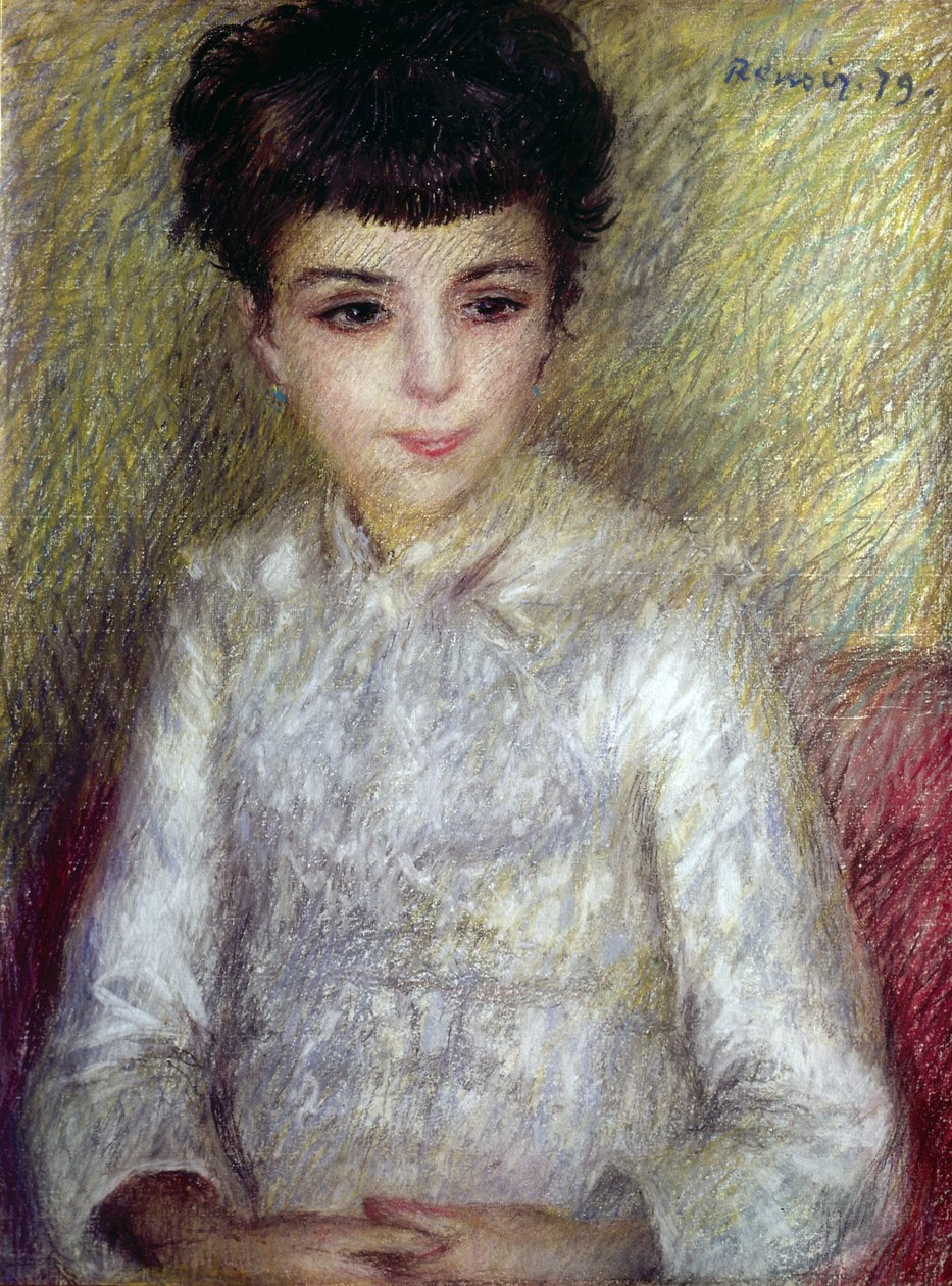 Jovem morena sentada com as mãos cruzadas de Pierre Auguste Renoir