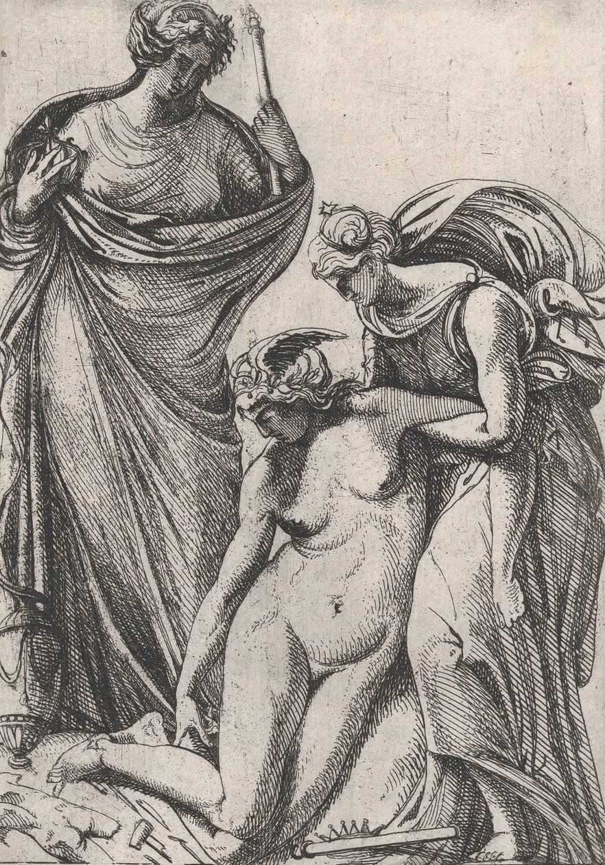 Estudo apoiando a personificação desmaiada da Escultura, ao lado deles, Fran..., 1607-61. de Pierre Biard