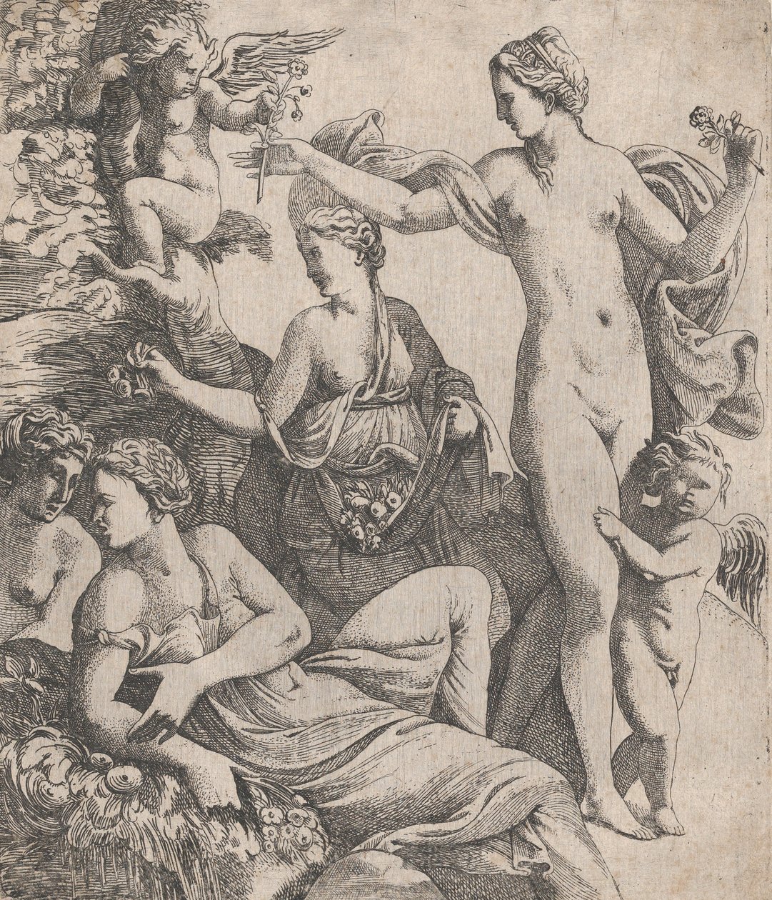 Vênus, de pé com as três Graças, é oferecida uma flor de um putto, 1607-61. de Pierre Biard