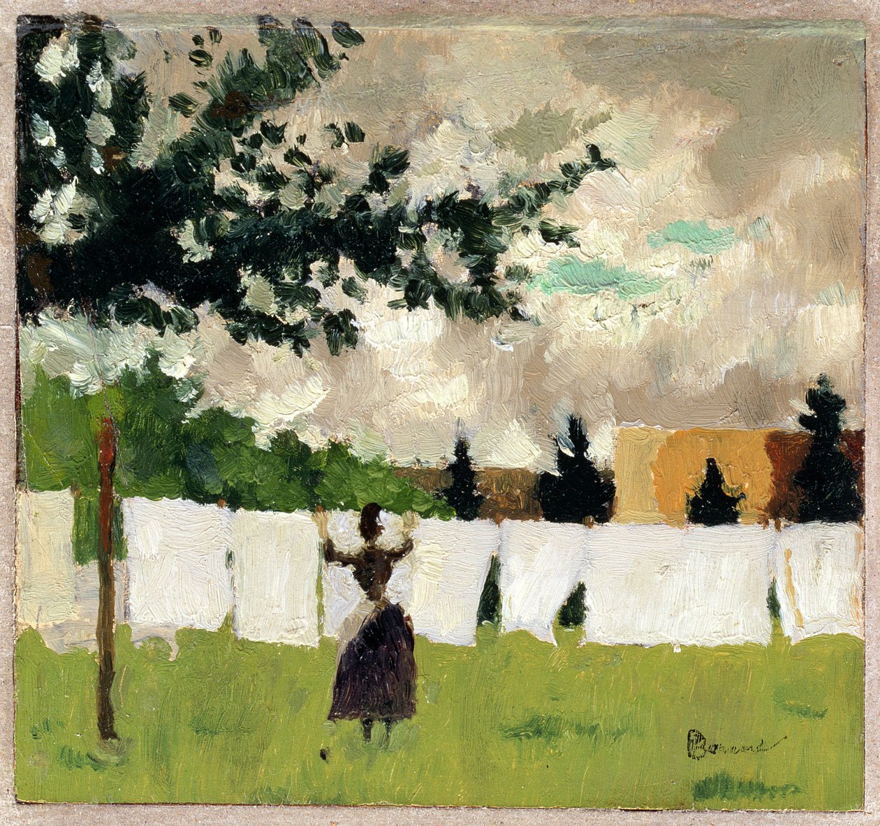 Woman Extending Linen, c.1892 (óleo sobre papel no painel) de Pierre Bonnard
