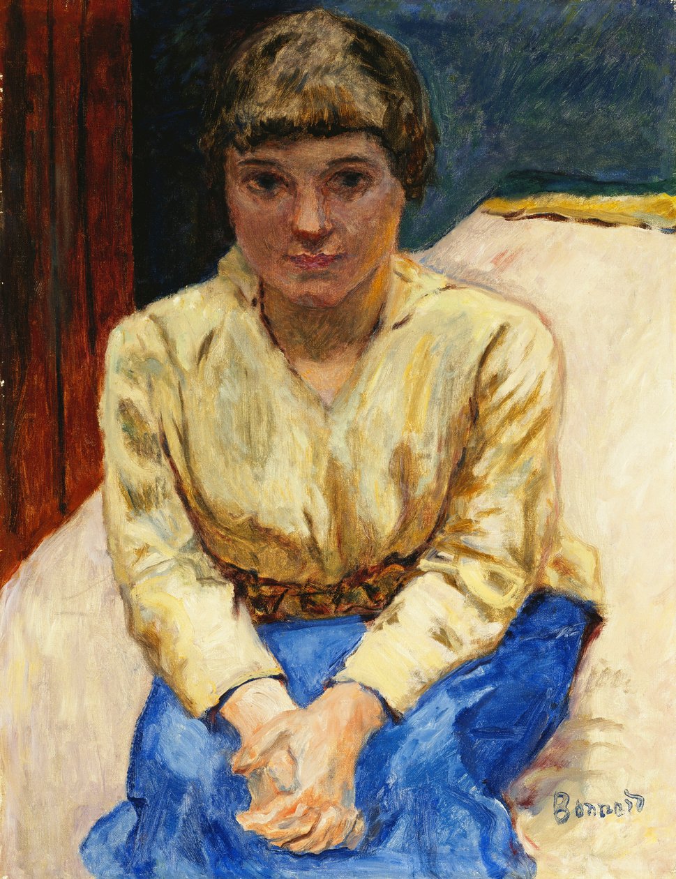 Menina sentada, com as mãos cruzadas; Young Girl Seated, Les Mans Croisees, c.1916 (óleo sobre tela) de Pierre Bonnard