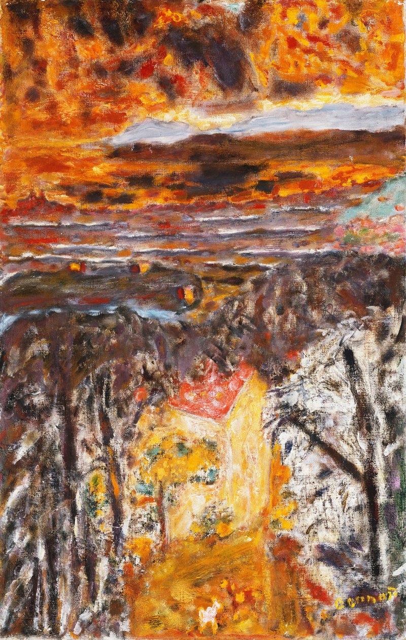 Paisagem, a Casa Rosa, Pôr do Sol; Paisagem, La Maison Rose, Sunset, c.1934 (óleo sobre tela) de Pierre Bonnard