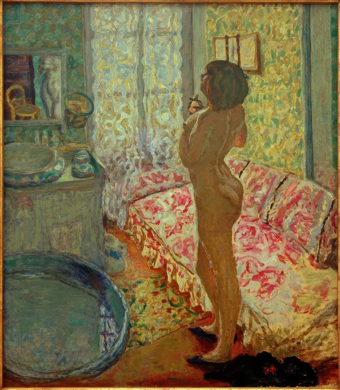 O banheiro com sofá rosa (nu contra a luz) de Pierre Bonnard