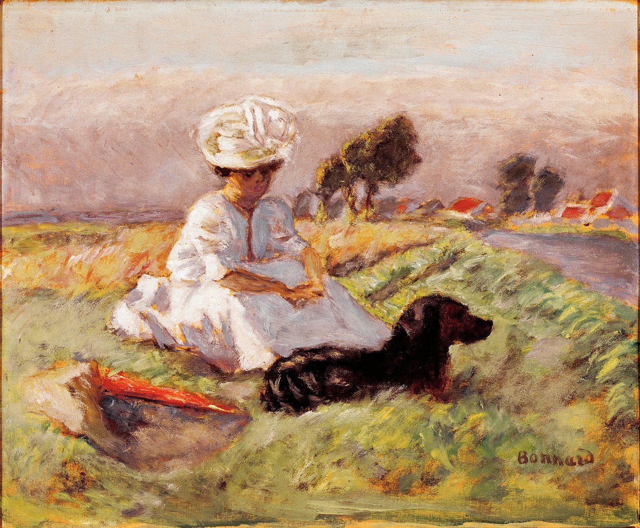 Madame Bonnard A esposa do pintor está sentada no confronto com seu cachorro. Pintura de Pierre Bonnard de Pierre Bonnard