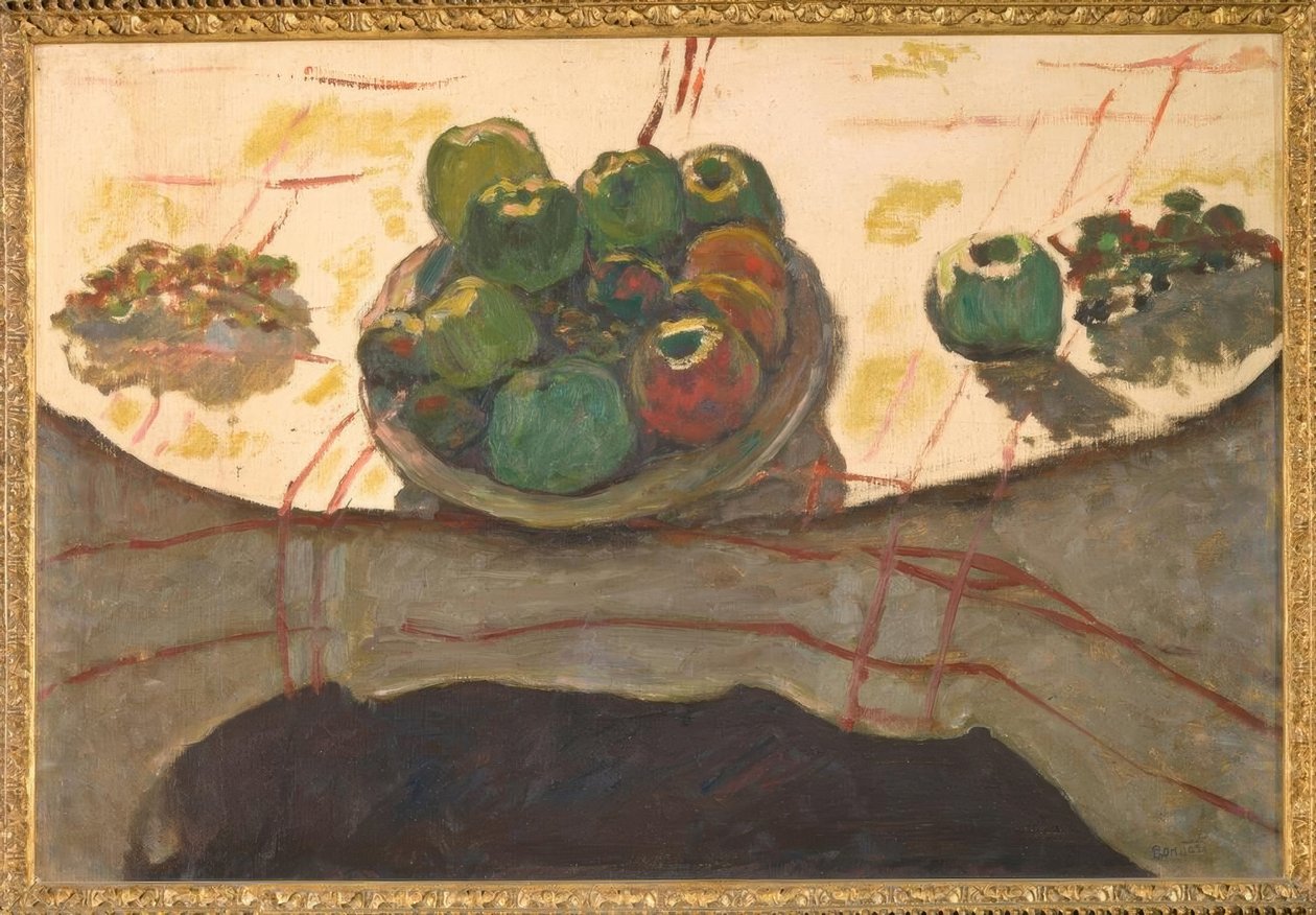 Ainda vida; prato e frutas ou pêssego de Pierre Bonnard