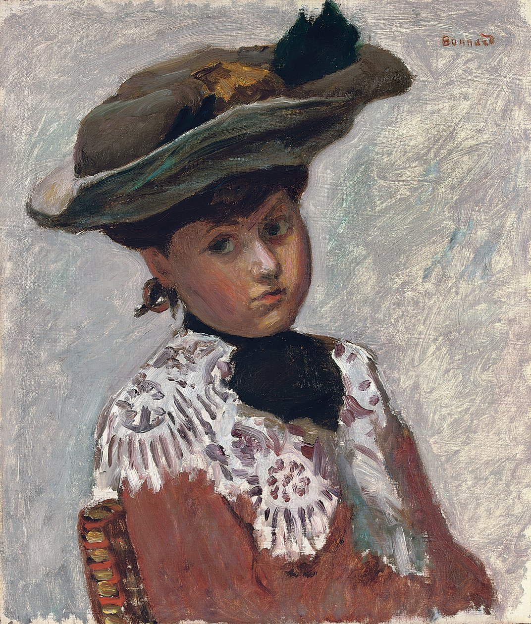 Retrato de uma jovem mulher ou o chapéu; Retrato de uma jovem (o chapéu), c.1905 (óleo sobre tela colocado a bordo) de Pierre Bonnard