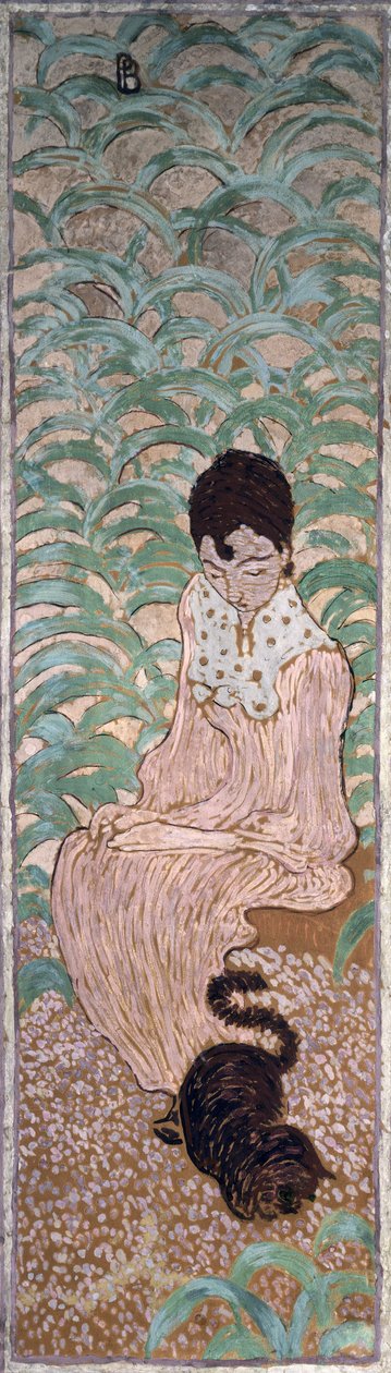 Mulher sentada com um gato, um dos quatro painéis de mulheres no jardim, 1891 (óleo sobre papel sobre tela) de Pierre Bonnard