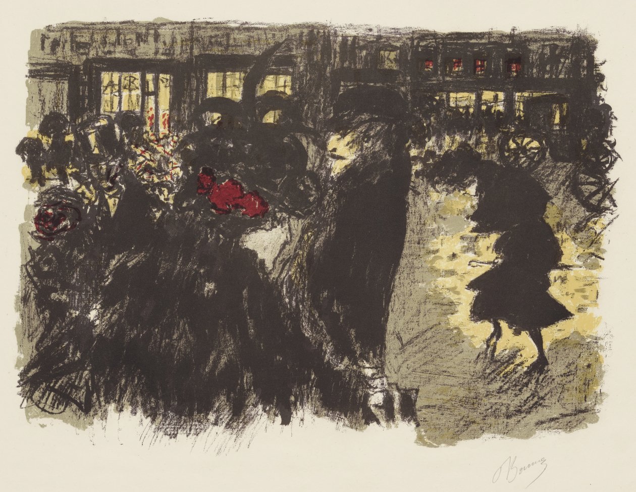 Alguns Aspectos da Vida em Paris, 7: A Praça da Noite, c.1898 (litho em amarelo, vermelho, violeta, cinza esverdeado sobre papel tecido) de Pierre Bonnard