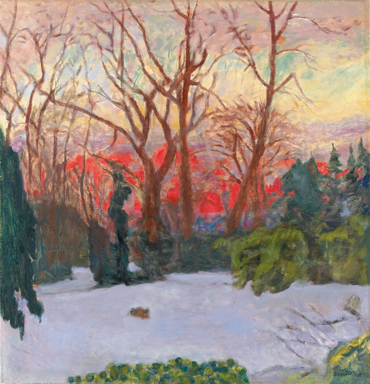 O jardim sob a neve, pôr do sol; O Jardim na Neve, Soleil Couchant, c.1910 (óleo sobre tela) de Pierre Bonnard