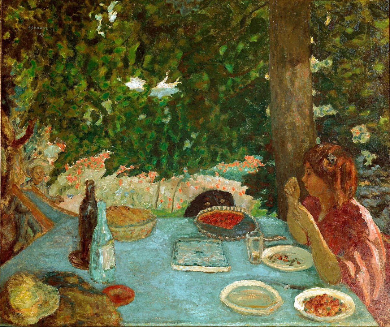 A tarte de cereja A jovem mulher sentada tem uma mesa no jardim. Pintura de Pierre Bonnard (1867-1947) 1908 Dim. 115x126 cm Zurique, Coleção Peter Nathan de Pierre Bonnard