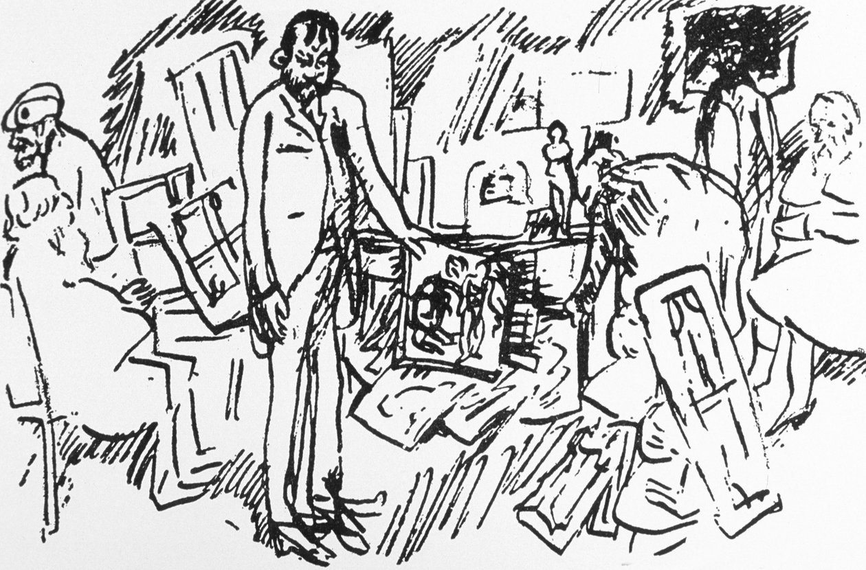 A loja de arte parisiense Ambroise Vollard em Paris por volta de 1895 : os pintores Camille Pissarro, Auguste Renoir, Pierre Bonnard e Edgar Degas com um cliente (caneta e tinta sobre papel) de Pierre Bonnard