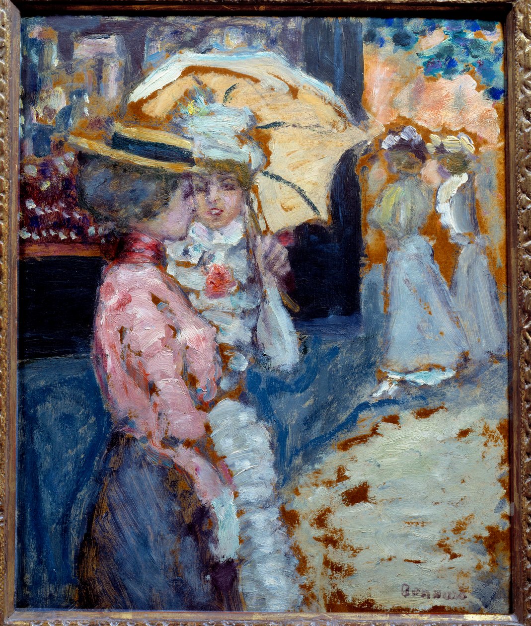 O passeio Duas elegantes jovens mulheres vestidas de moda Belle Epoque falando sob seu guarda-chuva. Pintura de Pierre Bonnard (1867-1947) 1900 Sol. 0,38x0,21 m Colecção privada de Pierre Bonnard