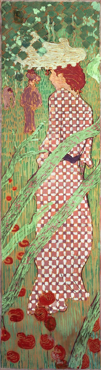 Mulher com um vestido marcado, um dos quatro painéis de mulheres no jardim, 1891 (óleo sobre papel sobre tela) de Pierre Bonnard