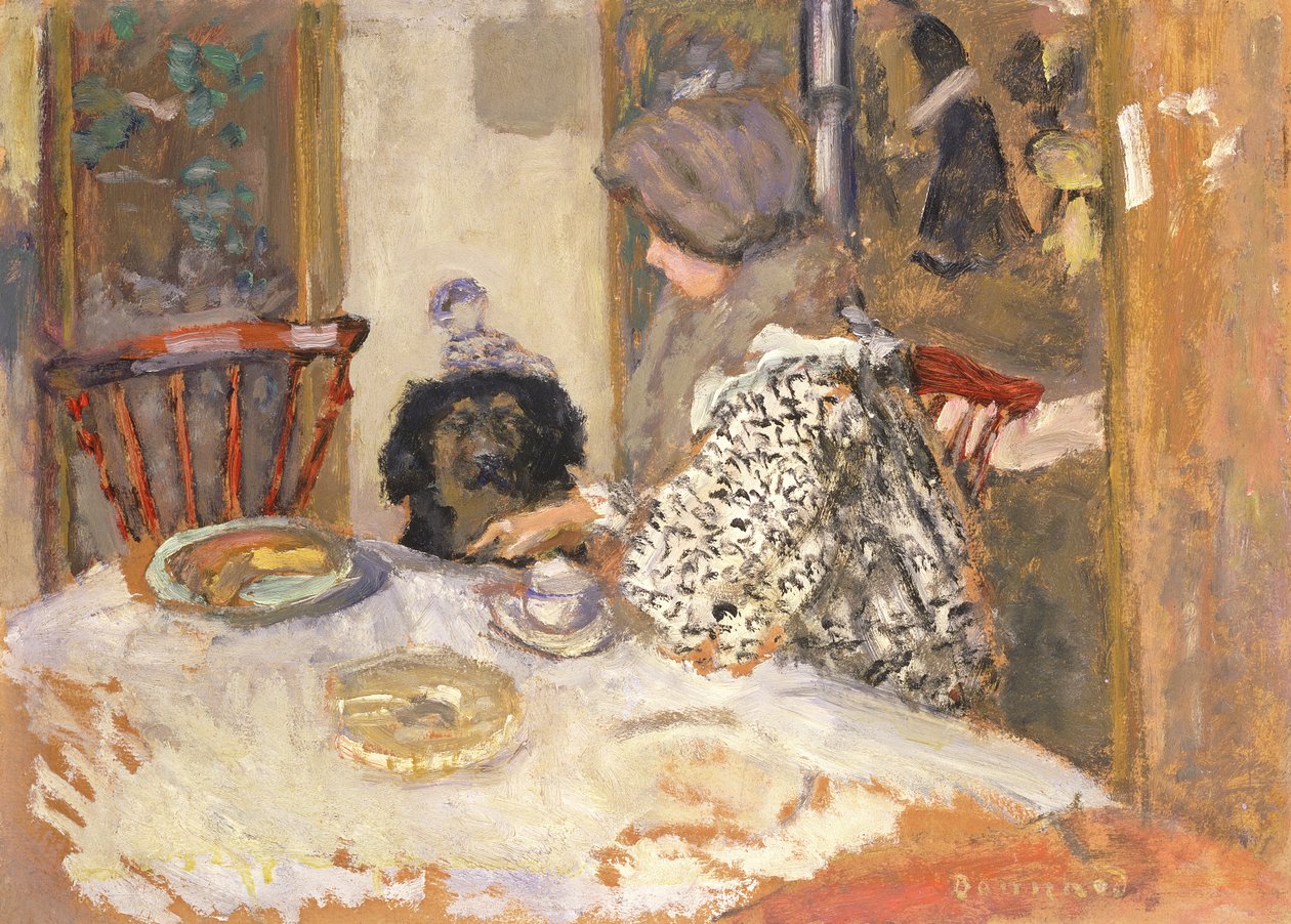 Mulher com um cão à mesa (óleo a bordo) de Pierre Bonnard