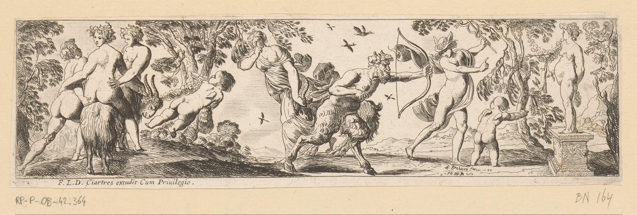 Satyr dispara uma flecha contra uma estátua de Baco, enquanto Mercúrio olha de Pierre Brebiette