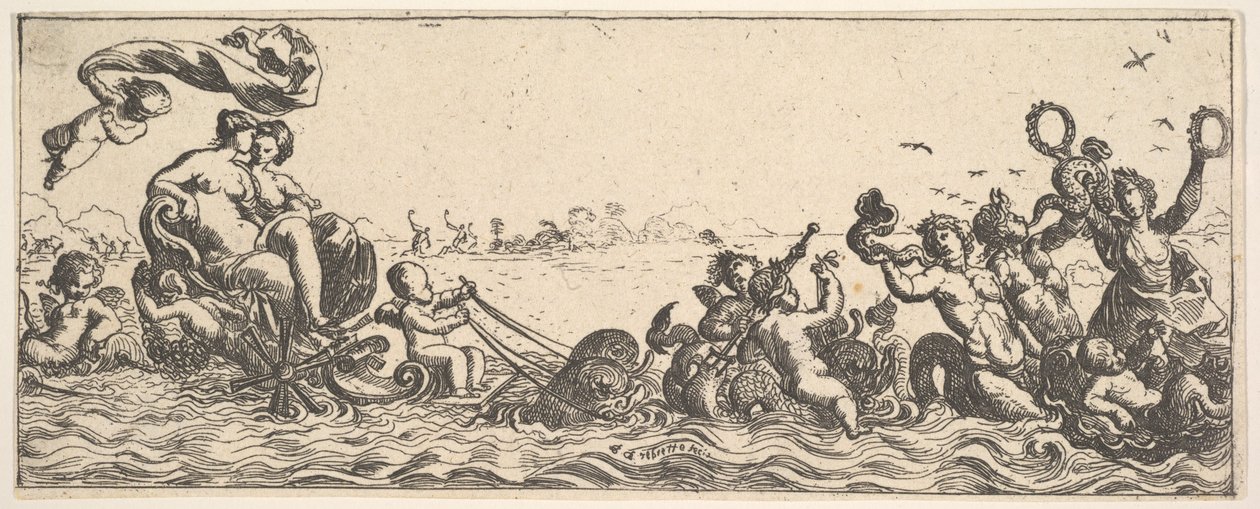 Duas mulheres sentadas em uma concha, 1615-42. de Pierre Brebiette