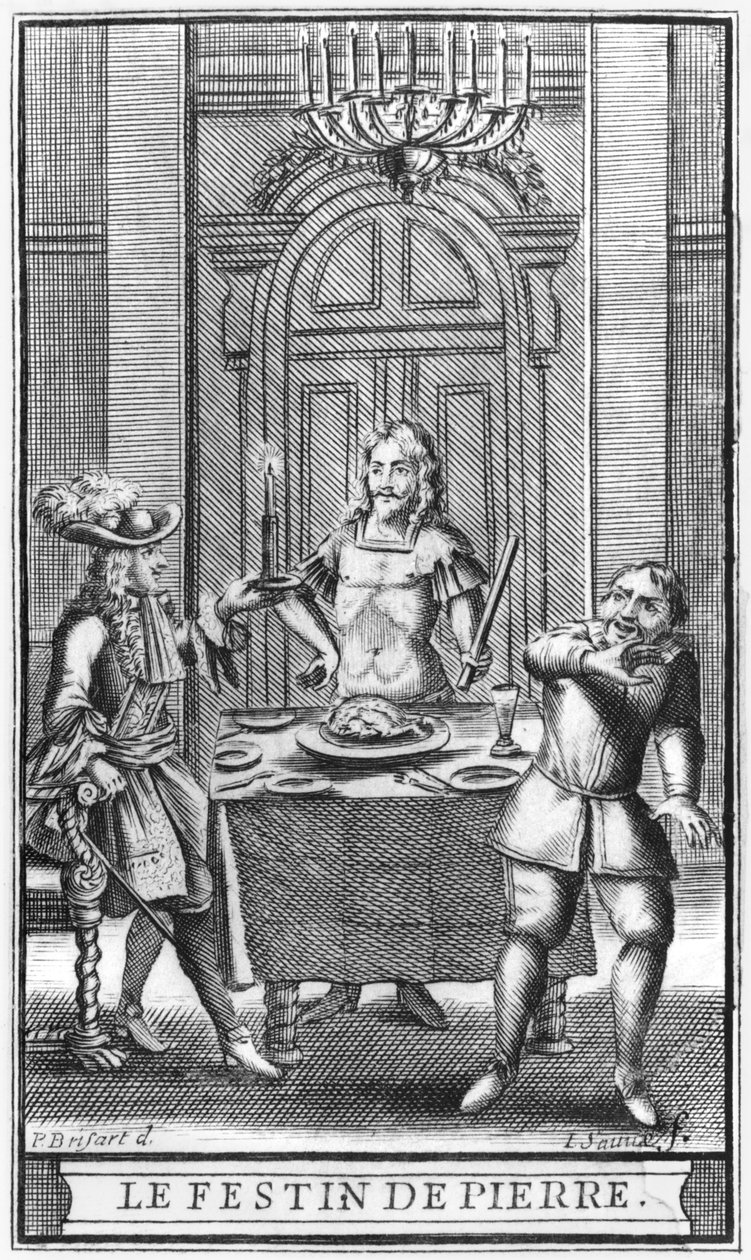 Don Juan e o Commendatore, ilustração do frontispício de &39;Don Juan, ou Le Festin de Pierre&39; de Molière, gravado por Jean Sauve (fl.1660-91) edição 1682 de Pierre Brissart