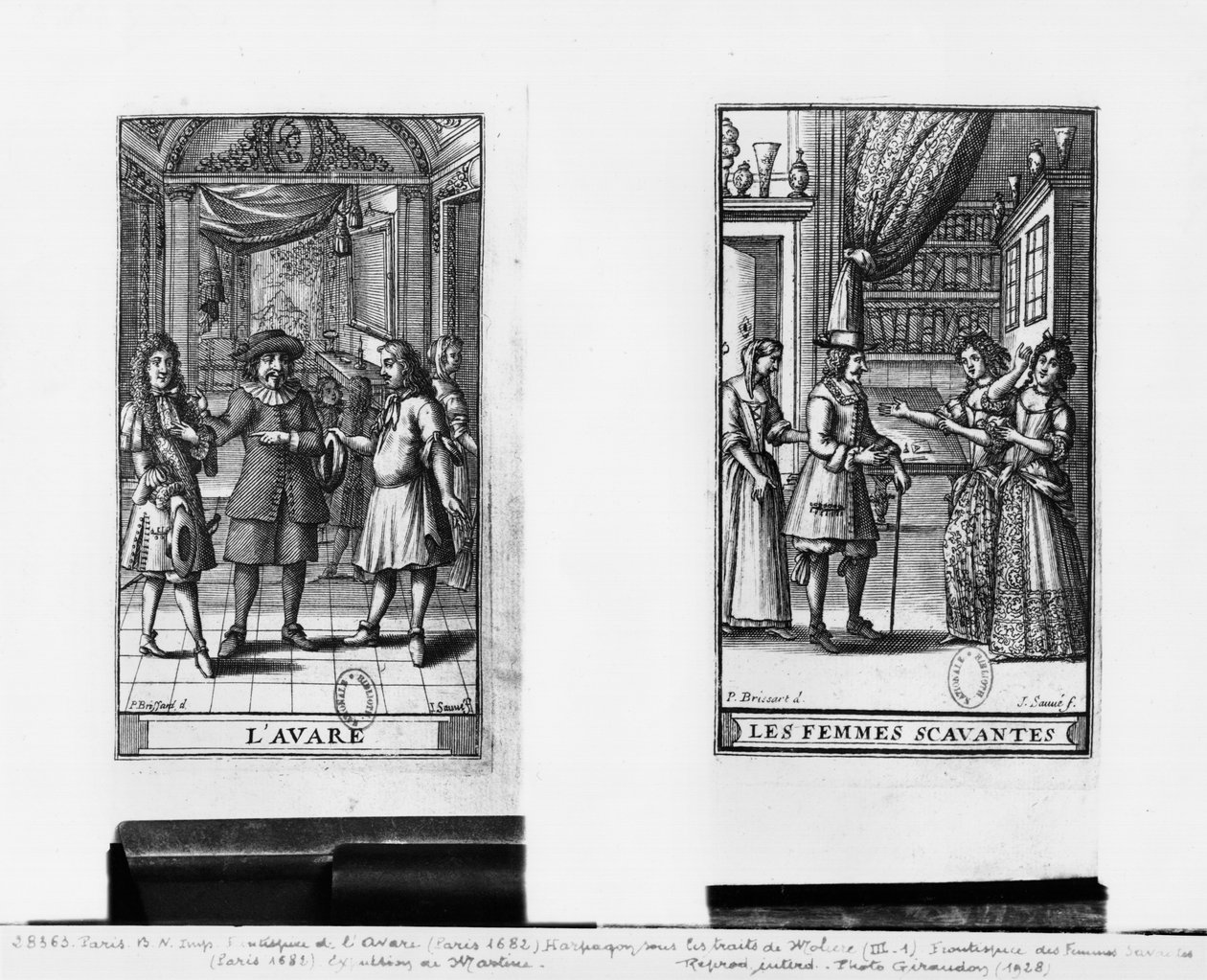 Molière como Harpagon, frontispício de &39;The Miser&39;, 1668, e frontispício de &39;Learned Ladies&39;, 1672, de Molière (1622-1673), gravado por Jean Sauve (fl.1660-91), publicado em Paris em 1682 (b de Pierre Brissart