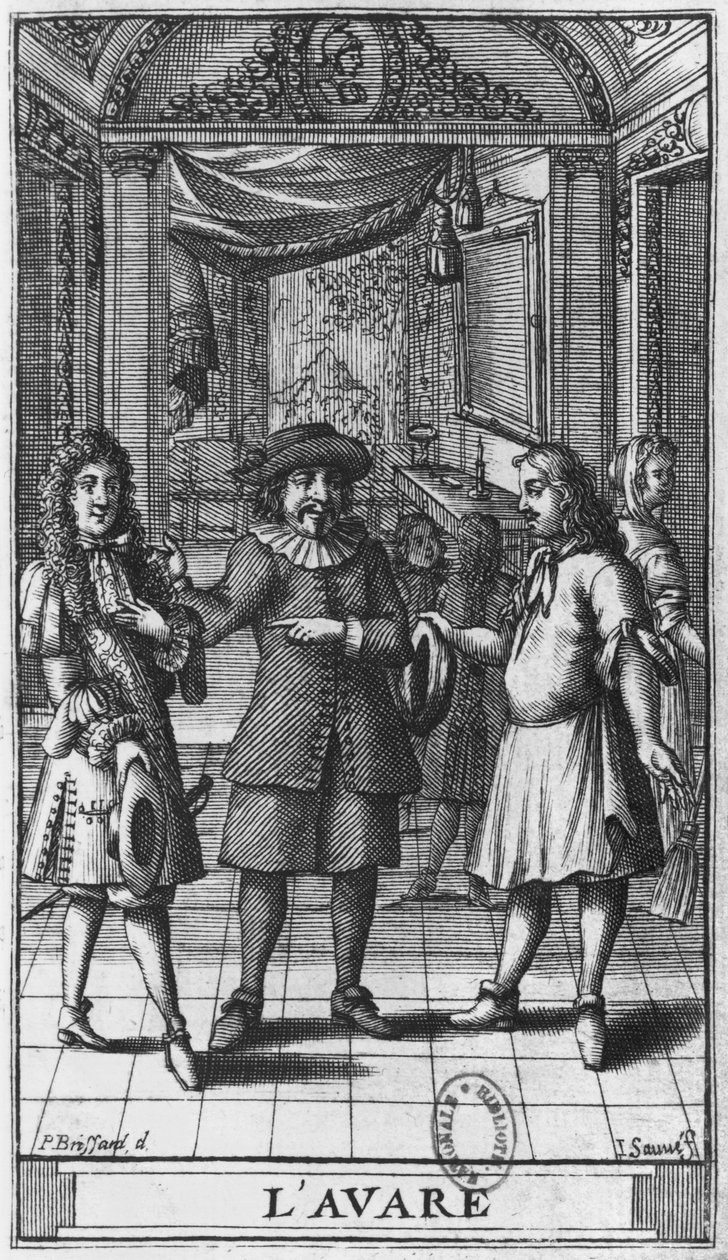 Molière como Harpagon, ilustração do frontispício de &39;The Miser&39; de Molière, gravado por Jean Sauve (fl.1660-91) edição 1682 de Pierre Brissart