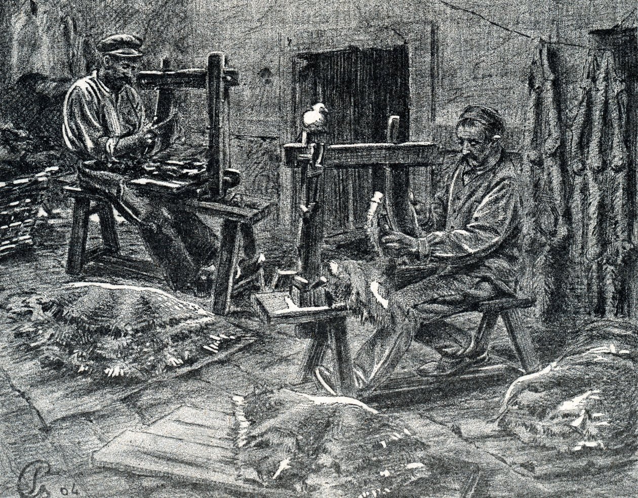 Artífices a descarregar as peles de carneiro Gravação de "Excursion a travers les metiers" de Pierre Calmette Private Collection de Pierre Calmettes