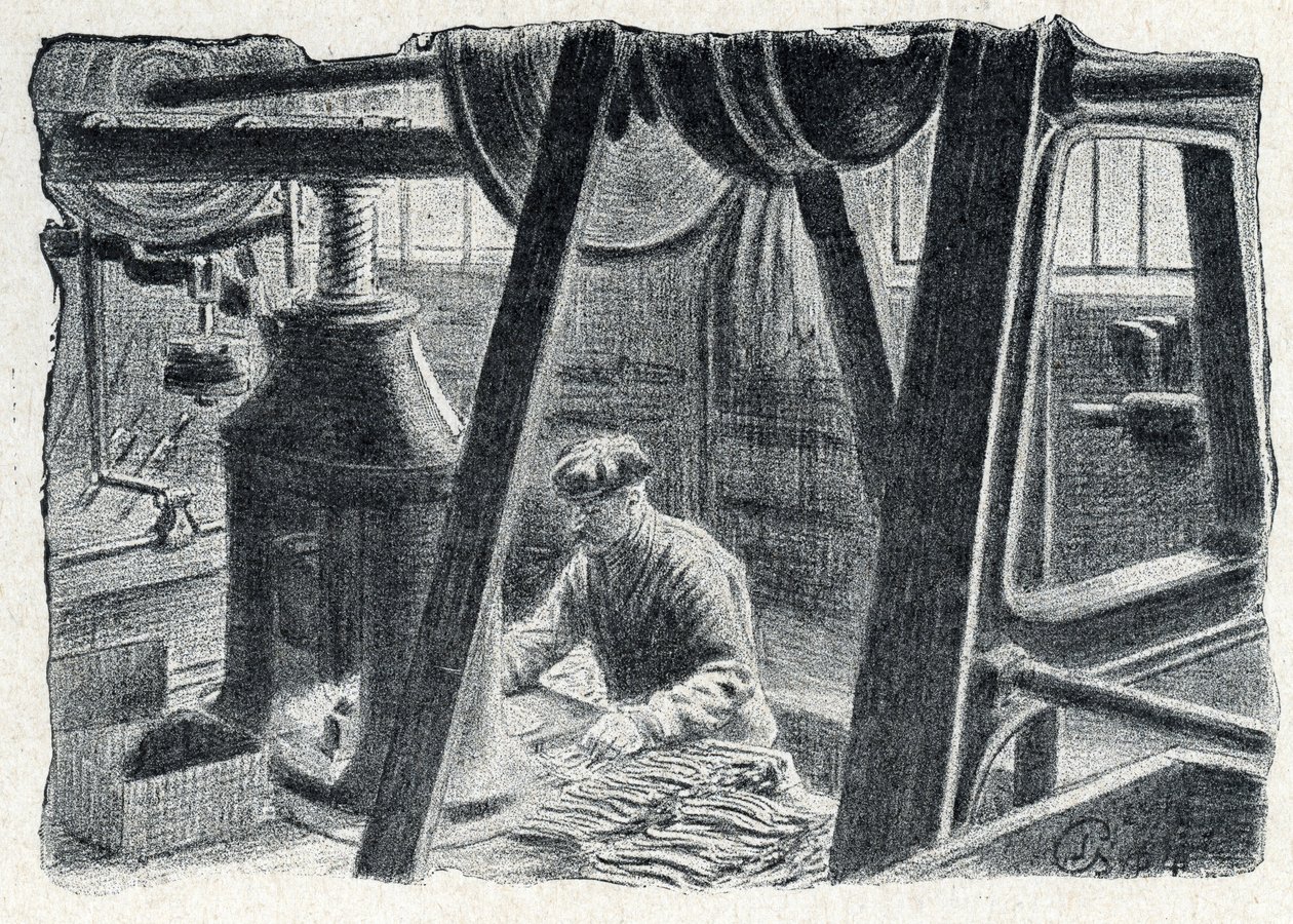 Estampagem de talheres com um moinho Gravação de "Excursion a travers les metiers" de Pierre Calmette Private Collection de Pierre Calmettes