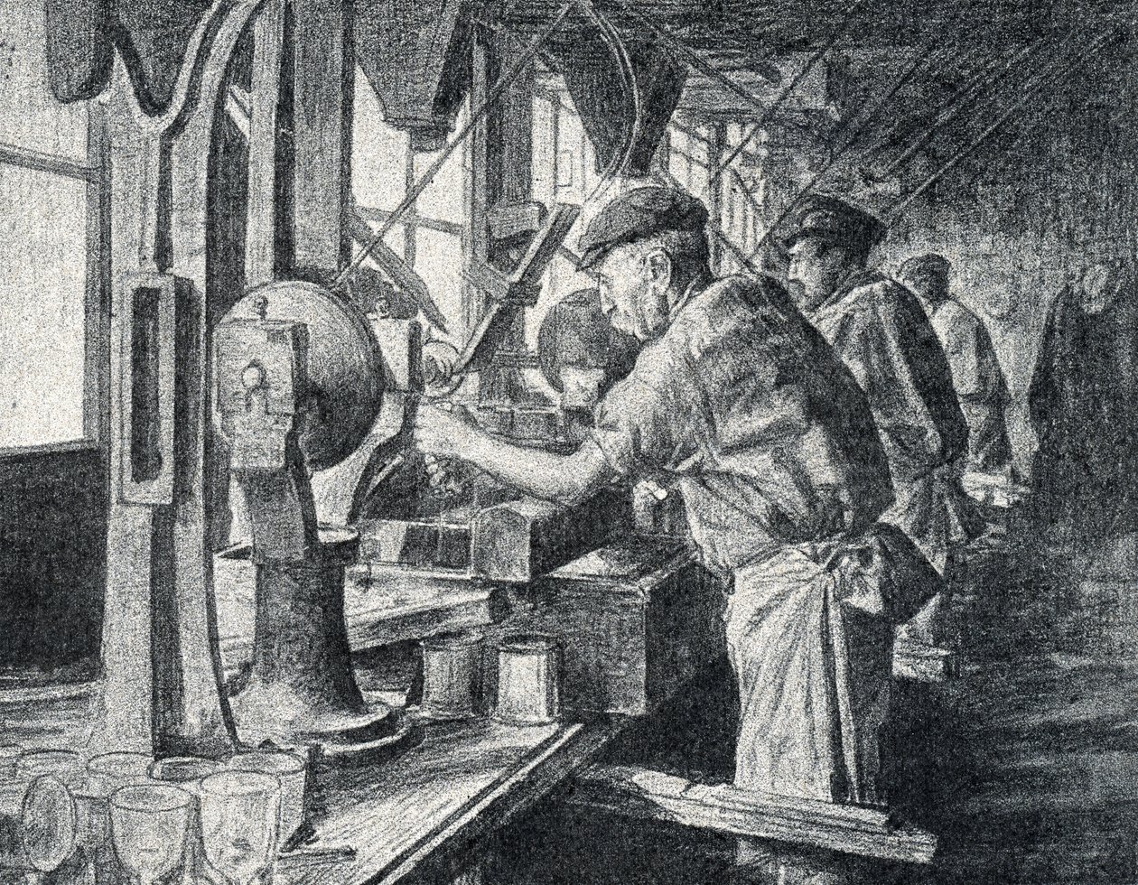 Oficina de corte na fábrica de vidro cristal em Sevres perto de Paris Gravura de "Excursion a travers les metiers" de Pierre Calmette Private Collection de Pierre Calmettes