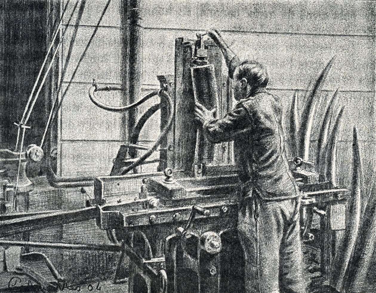 Artesão de marfim a cortar presas de elefante Gravura de "Excursion a travers les metiers" de Pierre Calmette Private Collection de Pierre Calmettes